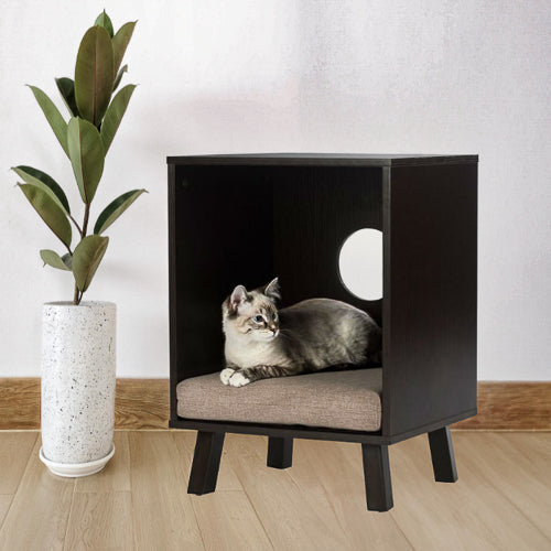 Sturdy Modern Cat Espresso End Table Cat Bed Cube Lounge - Yoru Says