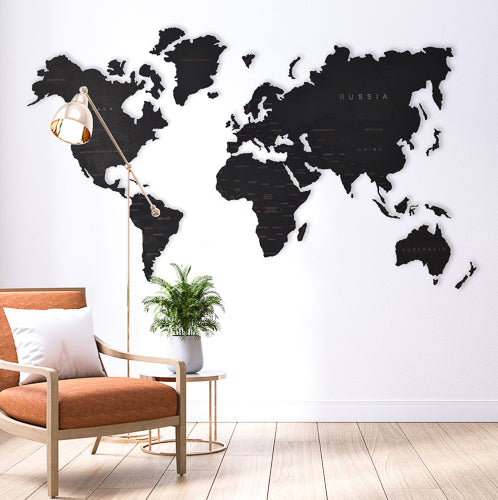 Wooden world map depicted as wall art for home wellness with a bronze lamp in a neutral color room