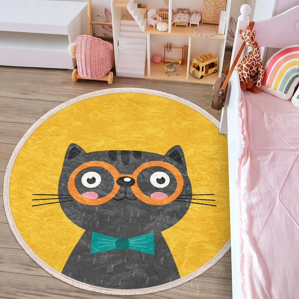 Yellow Cat Patterned Kids & nursery Room Round Rug - Yoru Says