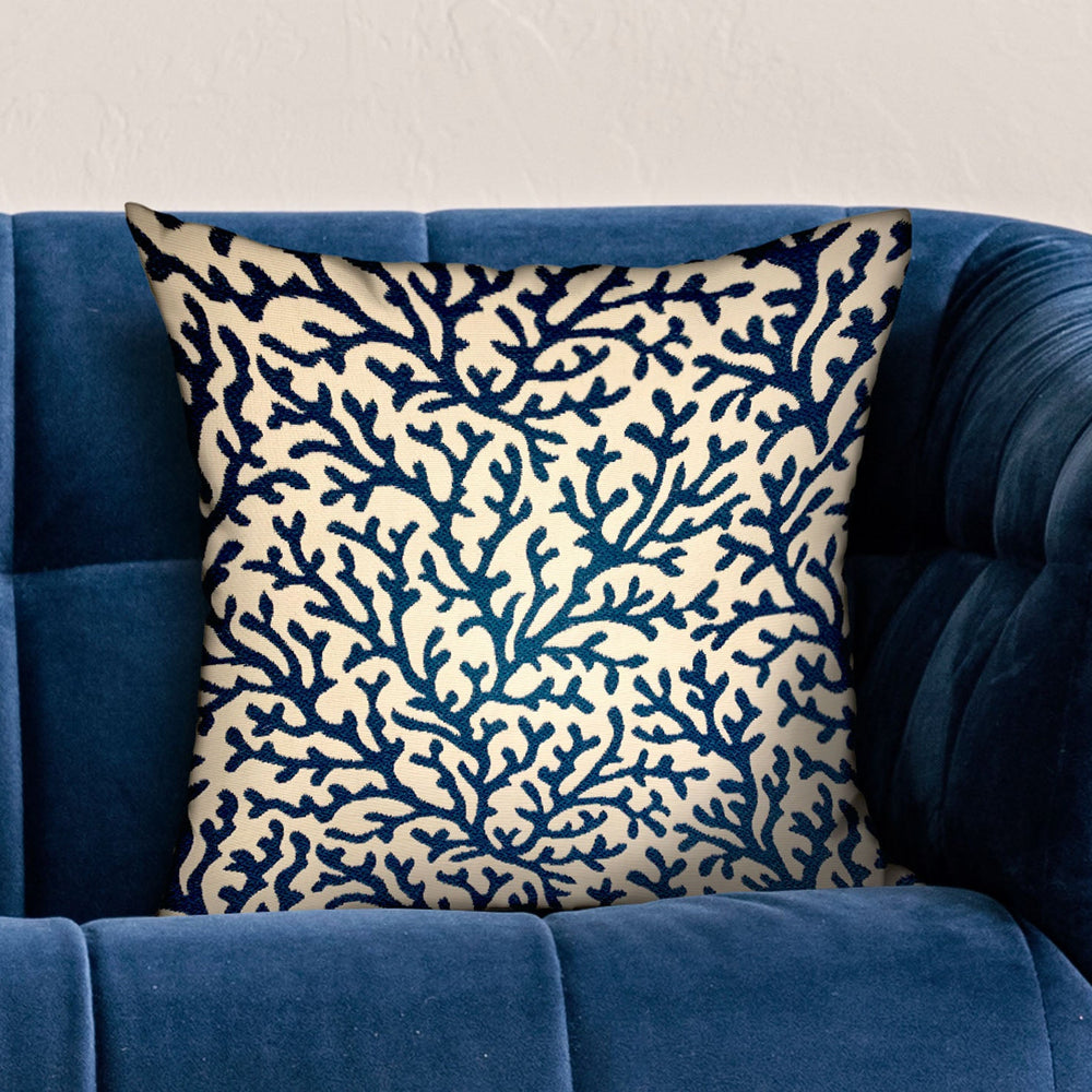 Sapphire Vines Blue, cream Floral Luxury Throw Pillow - Yoru Says