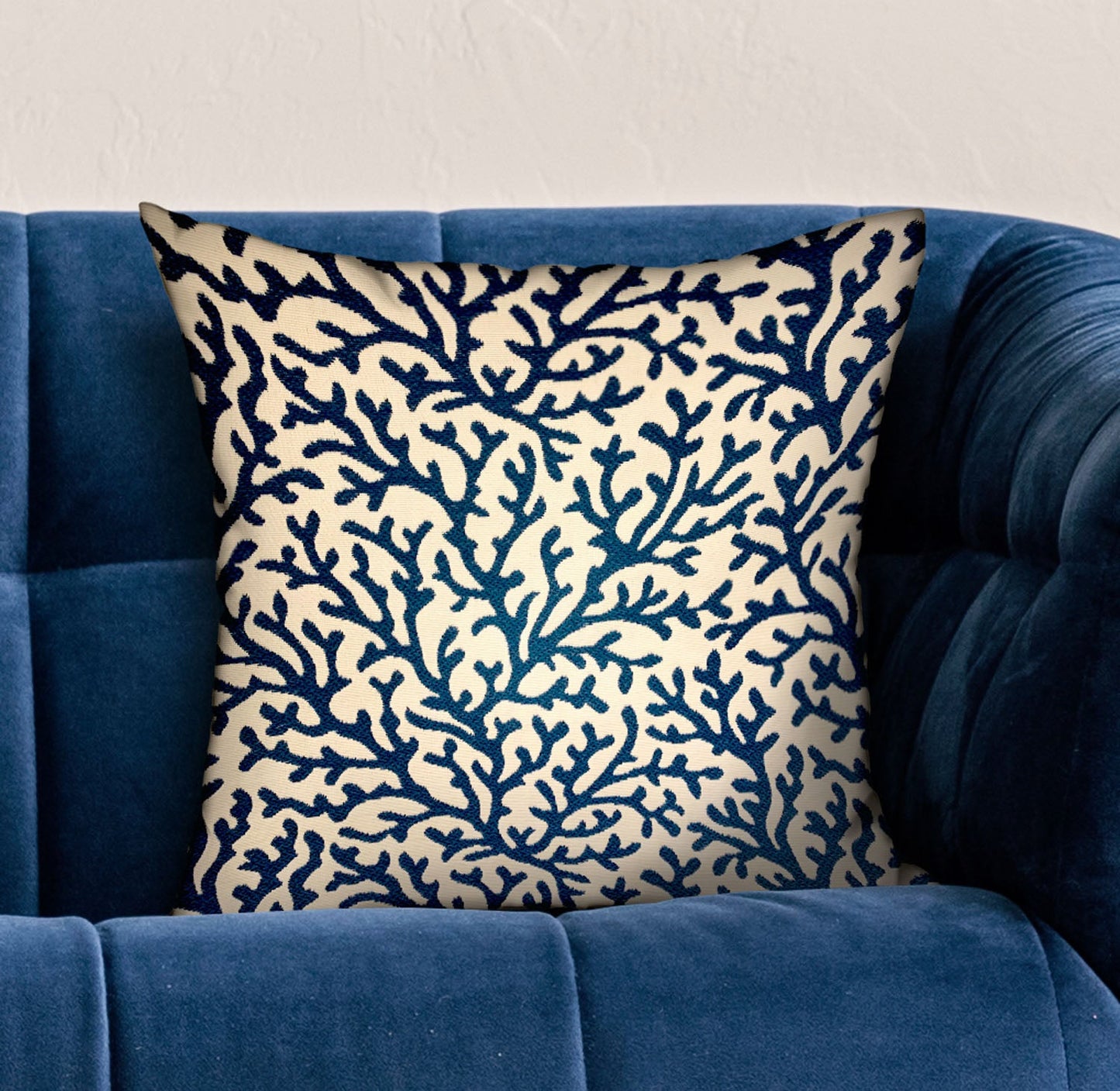 Sapphire Vines Blue, cream Floral Luxury Throw Pillow - Yoru Says