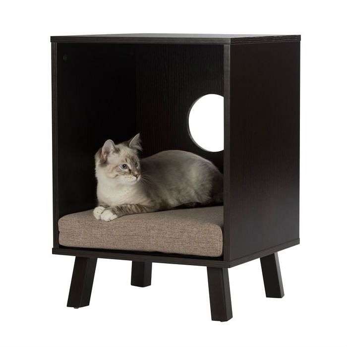 Sturdy Modern Cat Espresso End Table Cat Bed Cube Lounge - Yoru Says