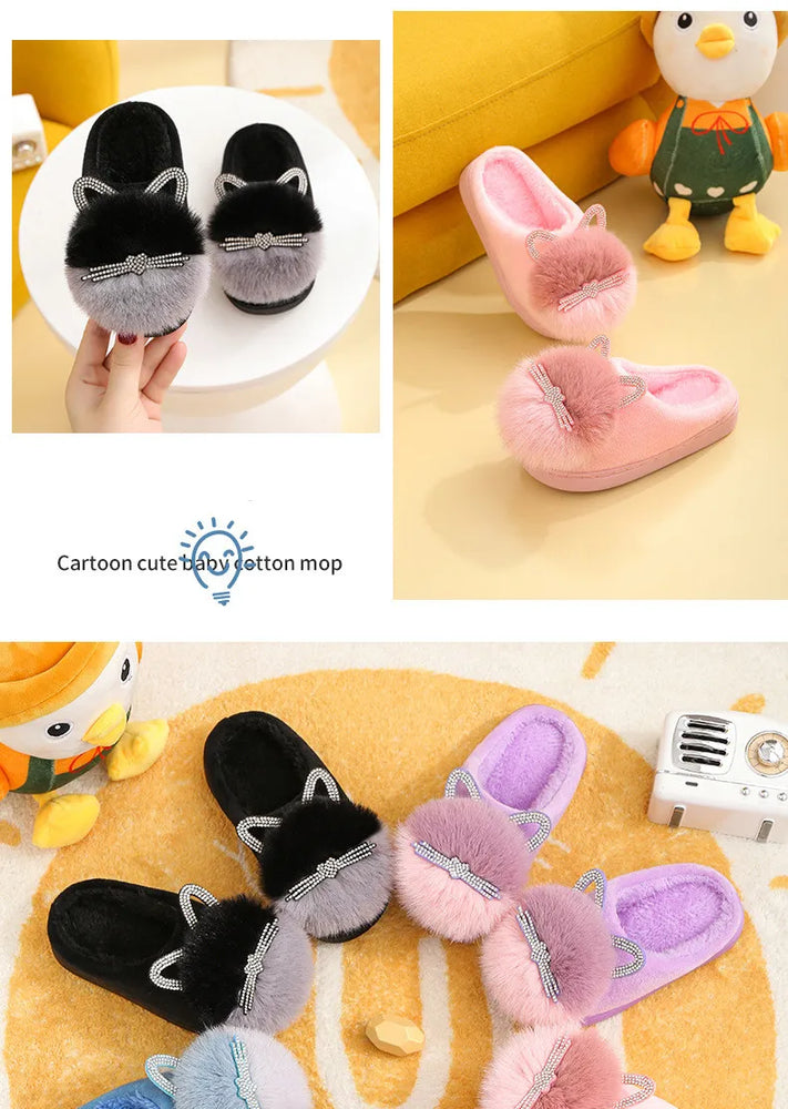 
                  
                    Cotton Slippers Princess Warm Kids Winter Cute Cat Cartoon Diamond Furry Shoes Little Girl Soft Bottom Home Shoes - Yoru Says
                  
                