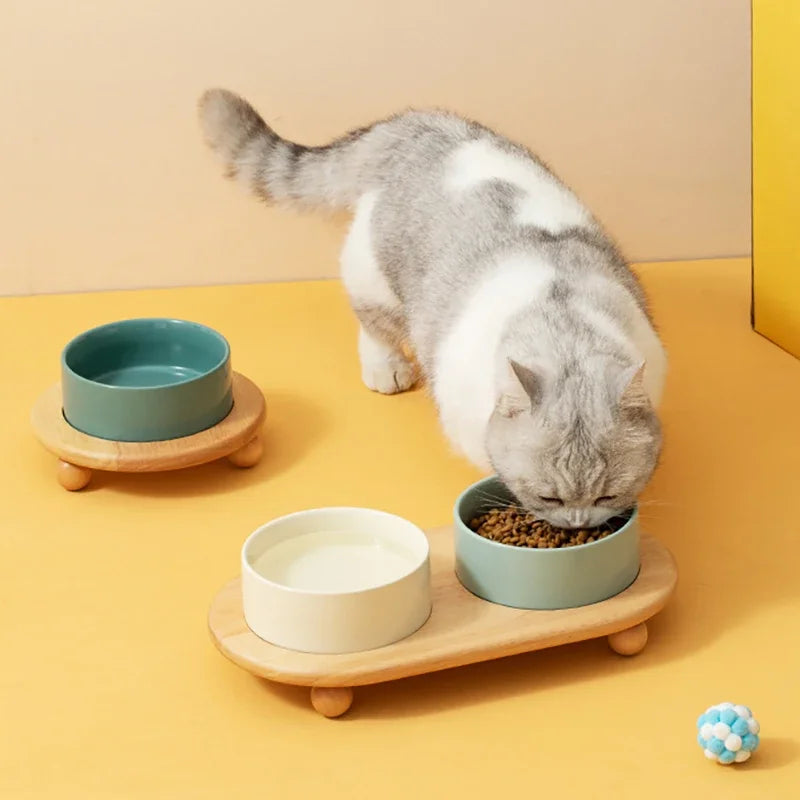 Elevated, Ceramic  Double Feeding Bowls with Wooden Stand