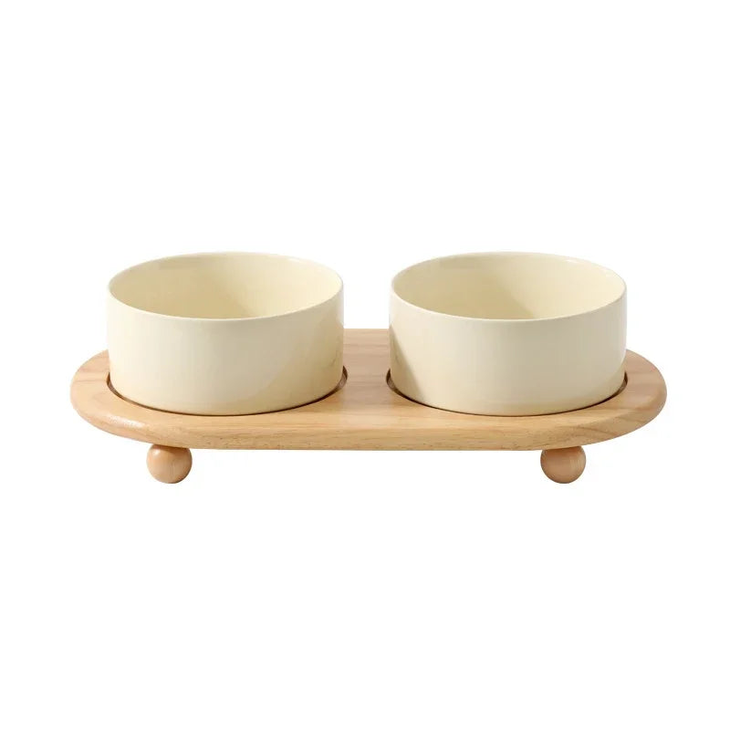 
                  
                    Elevated, Ceramic  Double Feeding Bowls with Wooden Stand
                  
                