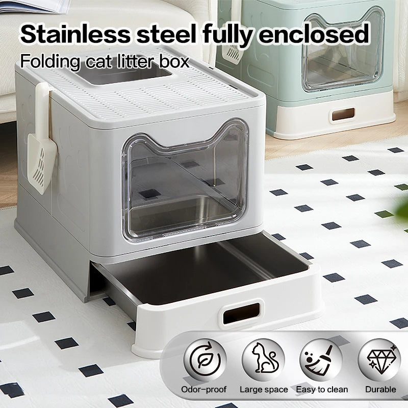 Fold Enclosed Stainless Steel Cat Litter Box