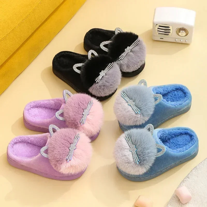 Cotton Slippers Princess Warm Kids Winter Cute Cat Cartoon Diamond Furry Shoes Little Girl Soft Bottom Home Shoes - Yoru Says