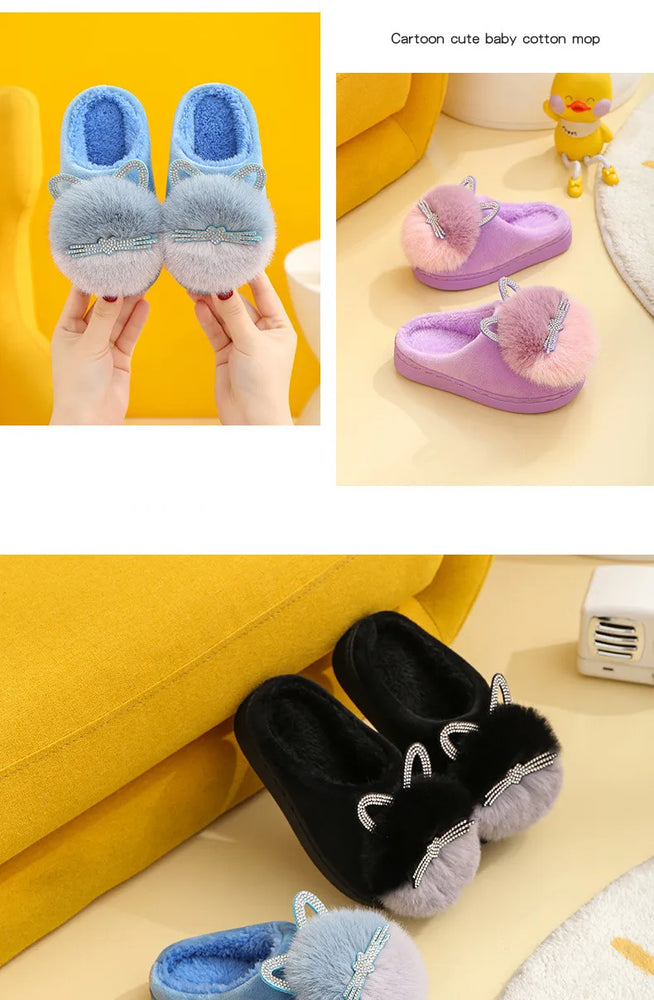 
                  
                    Cotton Slippers Princess Warm Kids Winter Cute Cat Cartoon Diamond Furry Shoes Little Girl Soft Bottom Home Shoes - Yoru Says
                  
                