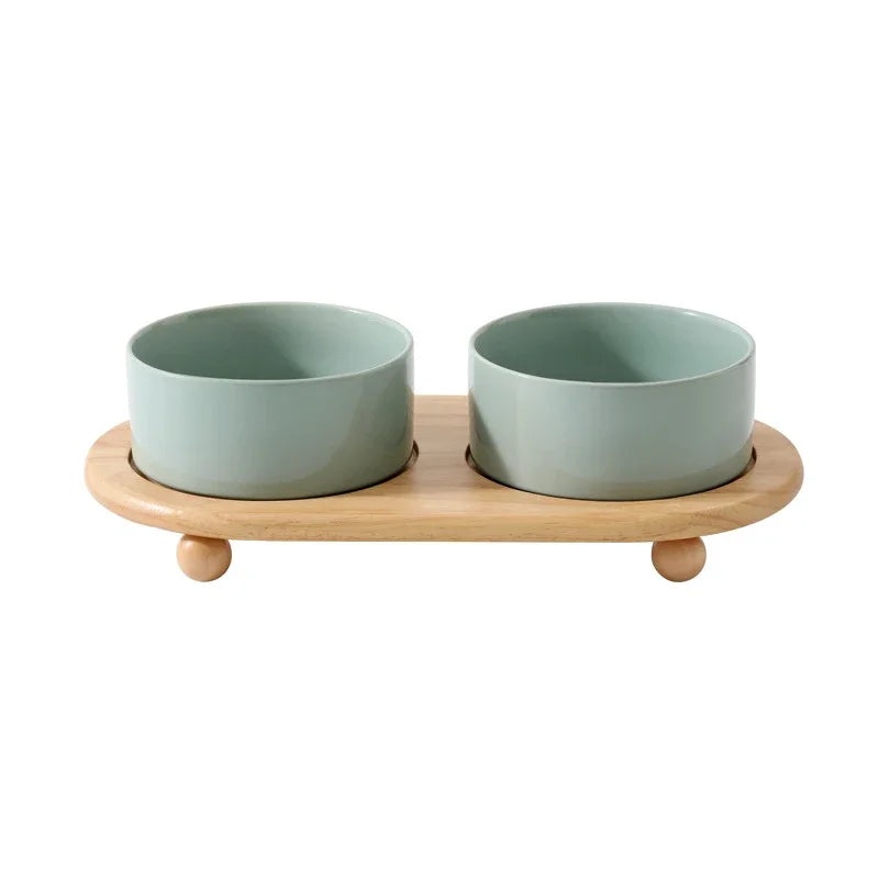 Elevated, Ceramic  Double Feeding Bowls with Wooden Stand