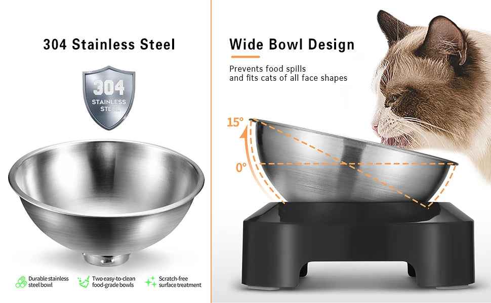 Elevated, stainless-steel  cat bowl set - Yoru Says