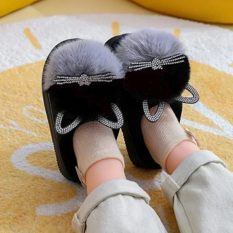 Cotton Slippers Princess Warm Kids Winter Cute Cat Cartoon Diamond Furry Shoes Little Girl Soft Bottom Home Shoes - Yoru Says