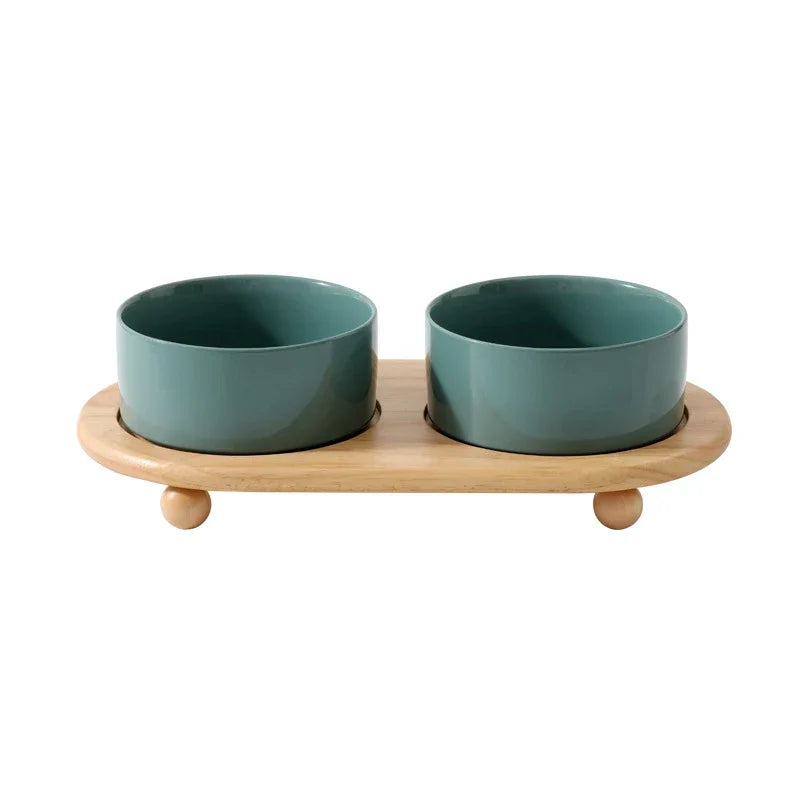 
                  
                    Elevated, Ceramic  Double Feeding Bowls with Wooden Stand
                  
                