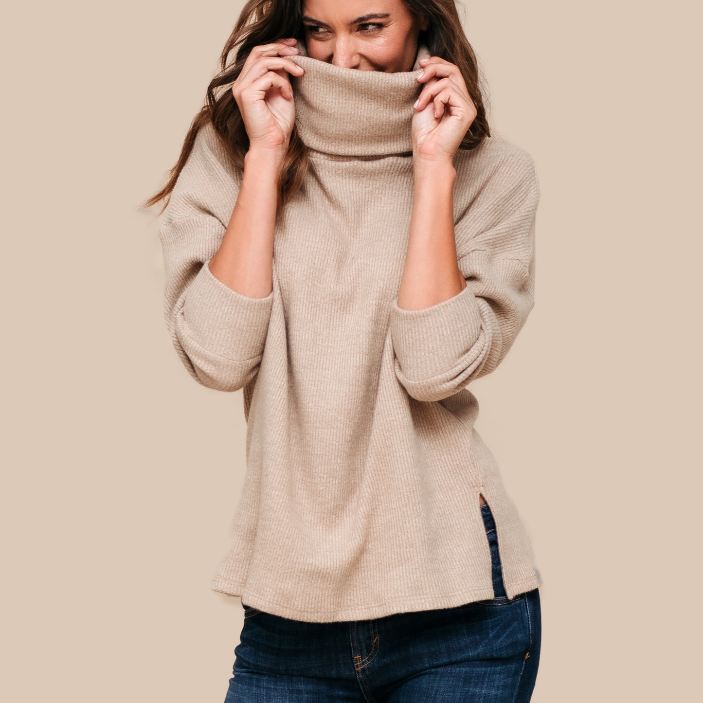 Women's Turtle Neck Ribbed Oversize Sweater Top - Yoru Says