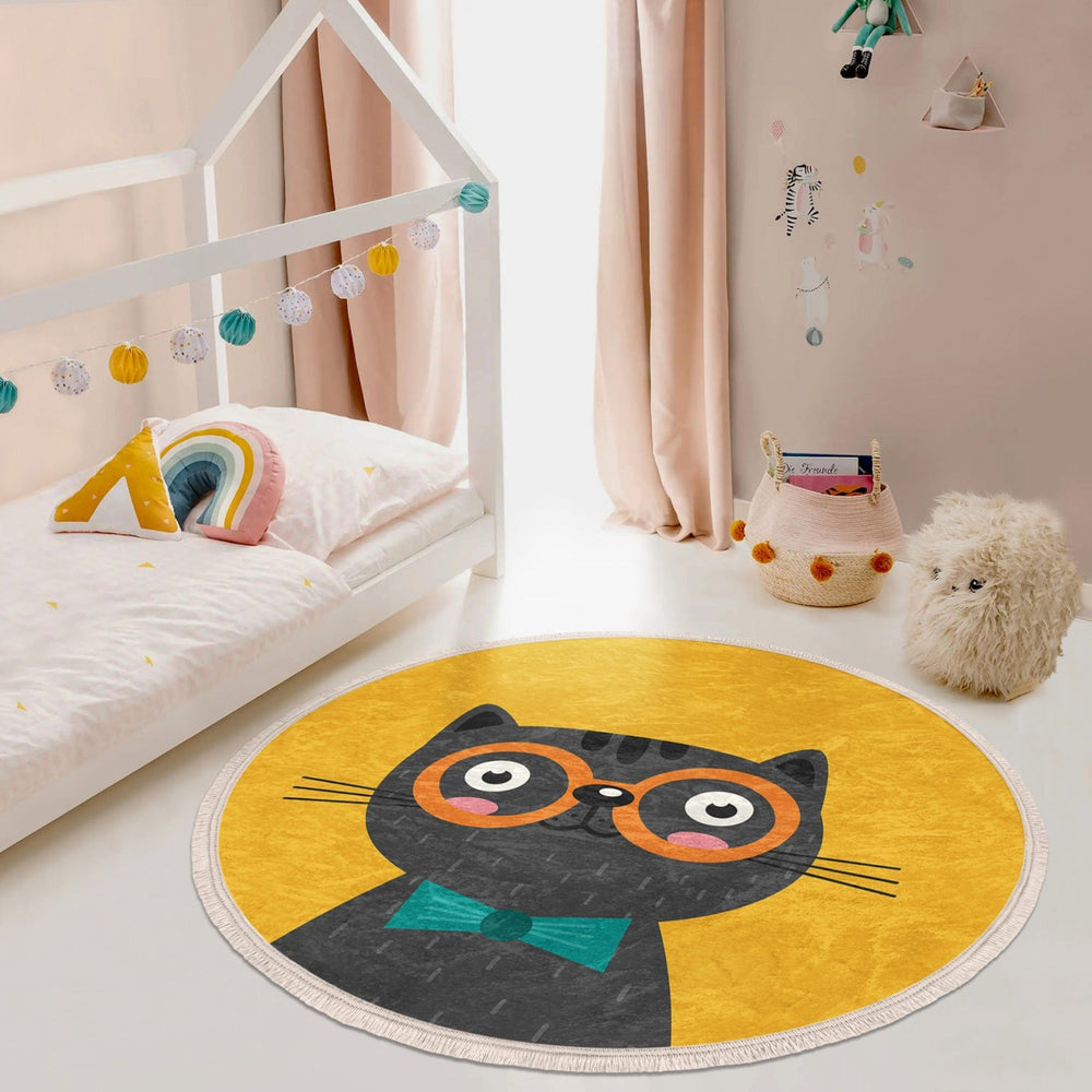 Yellow Cat Patterned Kids & nursery Room Round Rug - Yoru Says