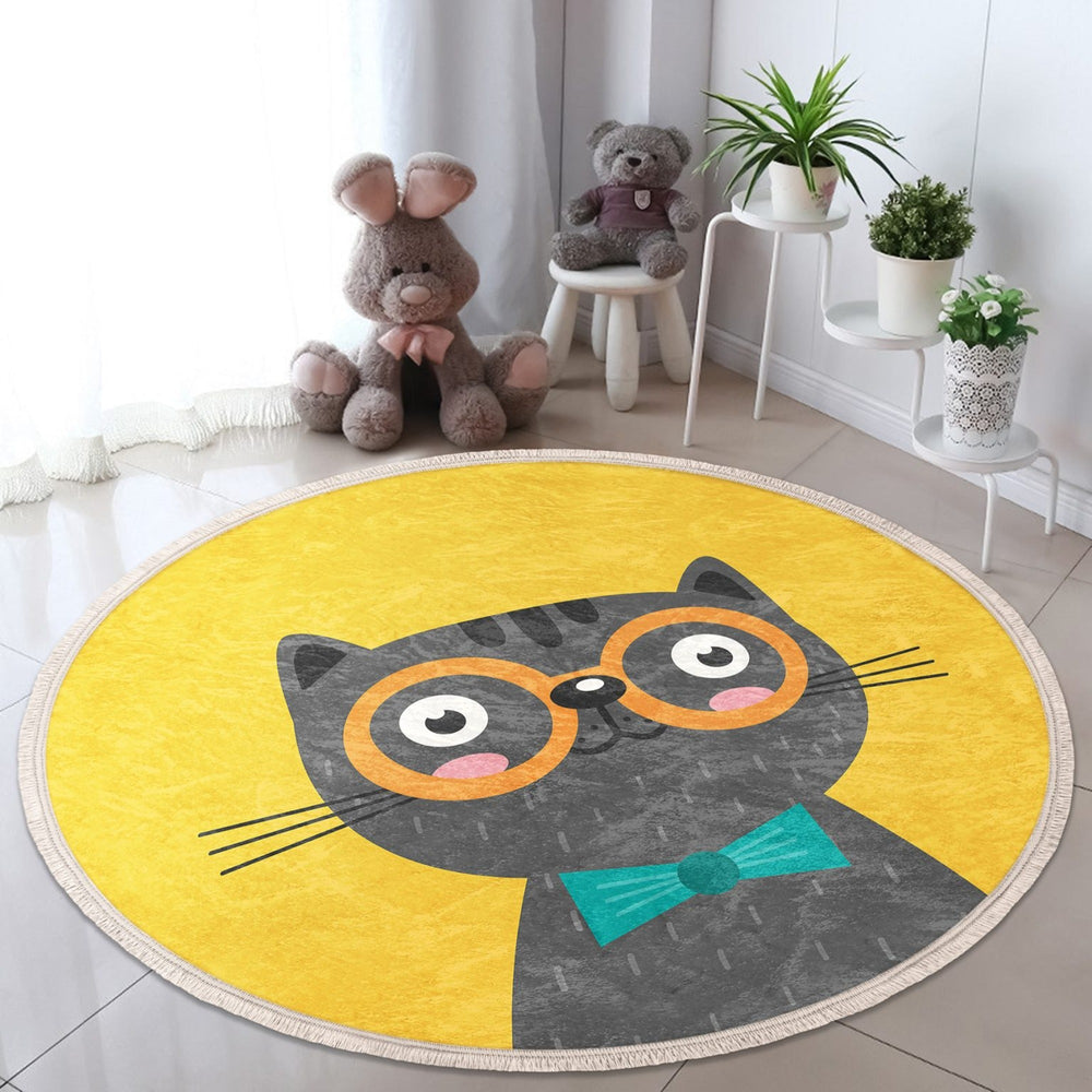 
                  
                    Yellow Cat Patterned Kids & nursery Room Round Rug - Yoru Says
                  
                