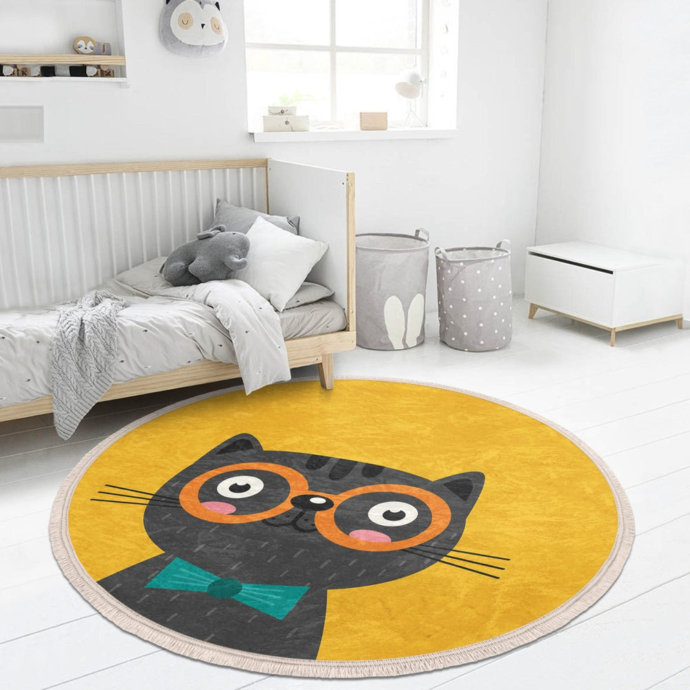 
                  
                    Yellow Cat Patterned Kids & nursery Room Round Rug - Yoru Says
                  
                